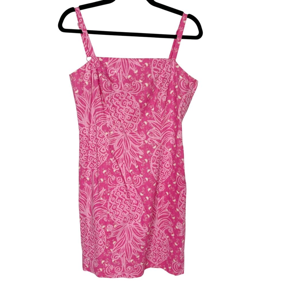 Lilly Pulitzer Size 4 Pink Pineapple Cocktail Linen Cotton Shift Dress Spaghetti